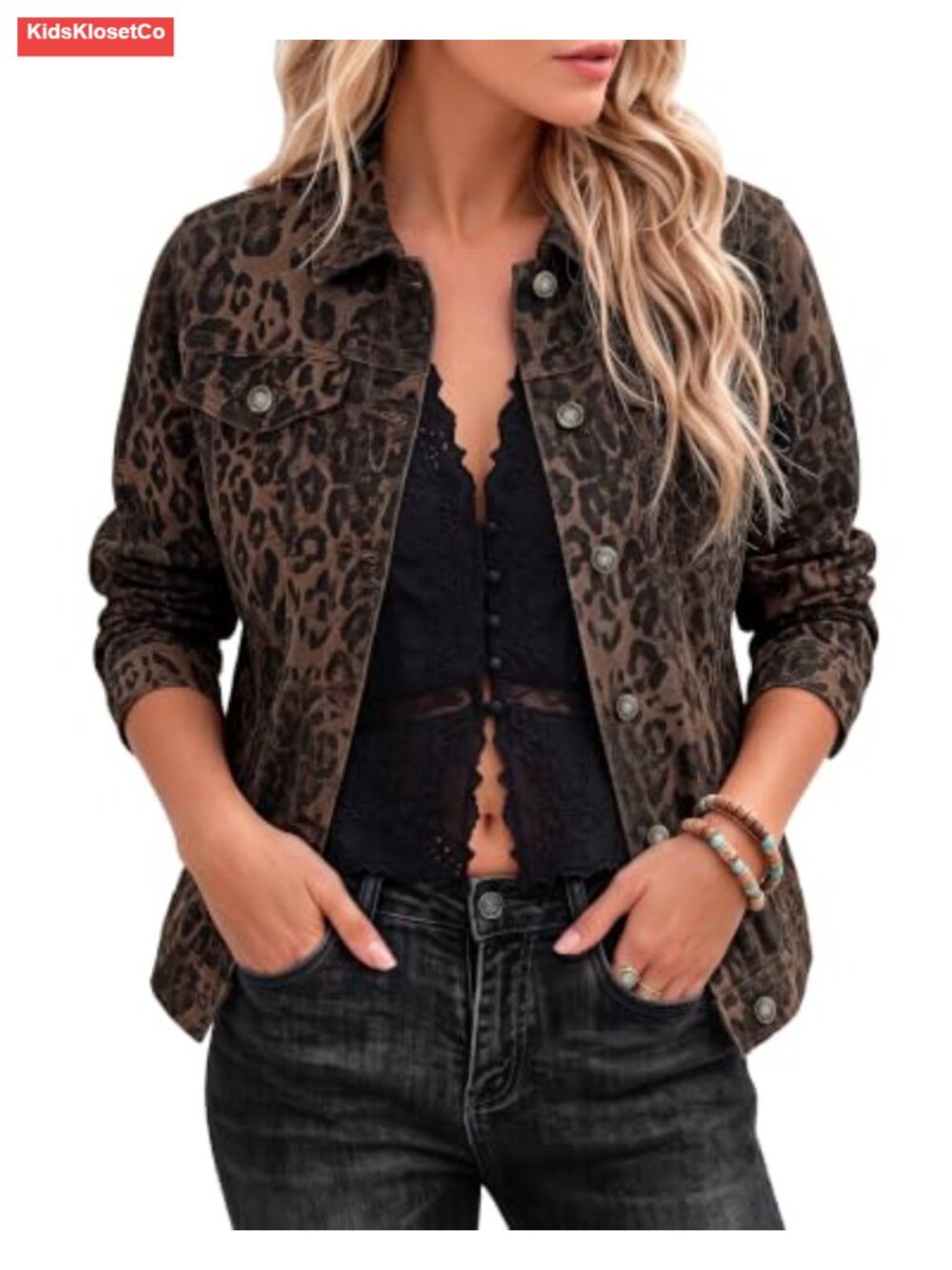 Women's Stretch Denim Jean Jacket with Leopard Print, Button Front - Picture 1 of 6